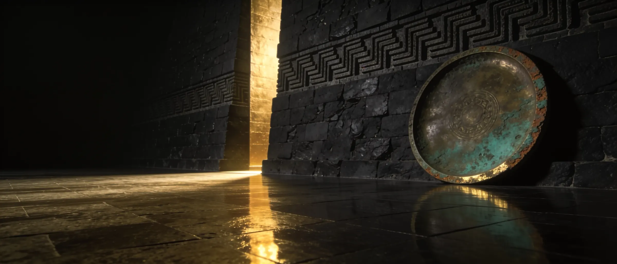 Câmara de ardósia vulcânica com friso escalonado e disco de bronze — universo visual da Impero